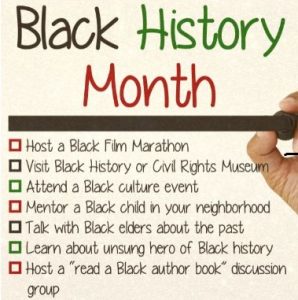A hand can be seen writing a list of actions  one can take and activities for Black History Month. 
